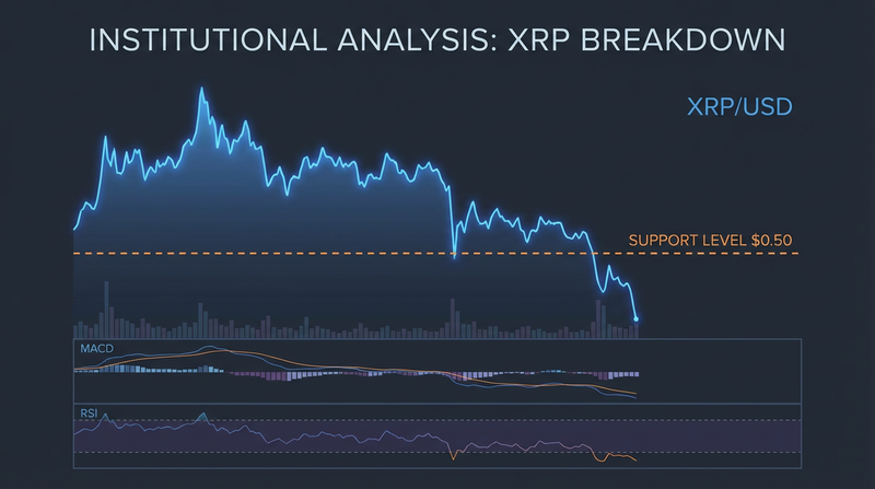 XRP price chart showing breakdown below $1.44 support level with technical indicators