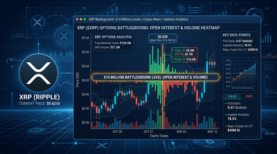 XRP logo with options trading charts showing $14 million battleground levels
