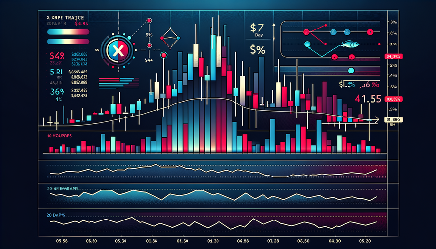 XRP price chart displaying technical breakdown below $1.44 support with volume and RSI indicators